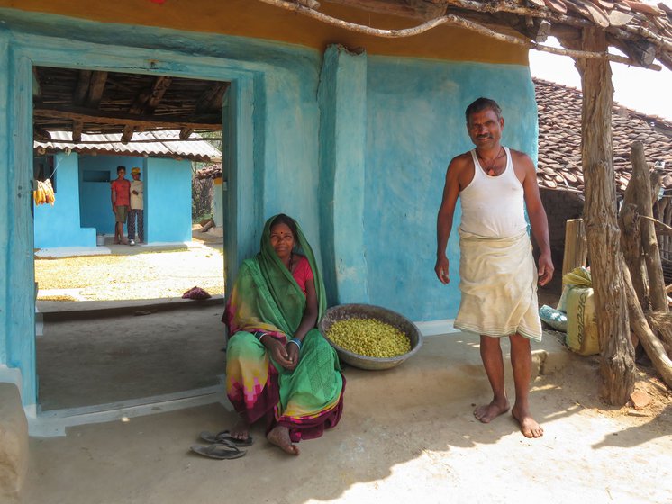 Left: Mani Singh and Sunita Bai with freshly gathered flowers. Right: Mahua flowers spread out to dry in their home in Mardari village