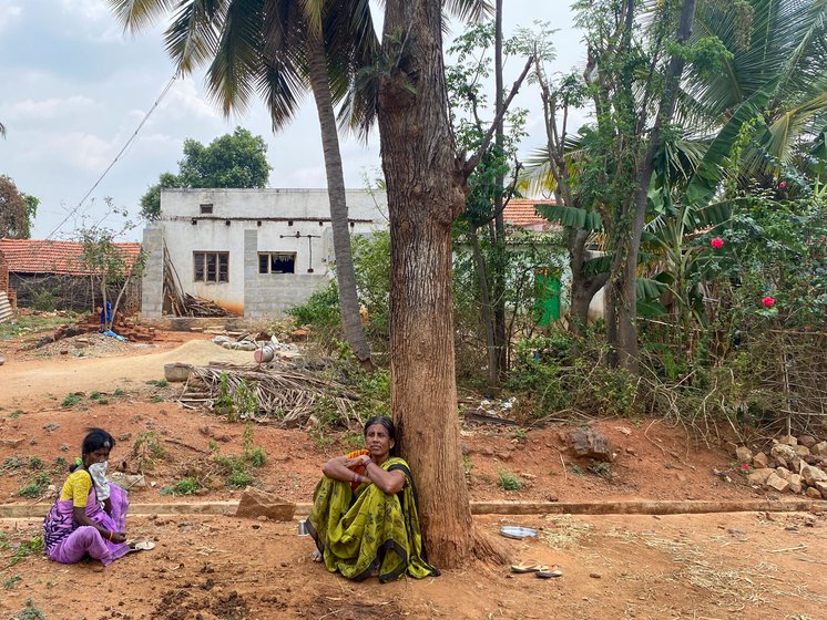Jayamma (left) sits and sleeps under this tree in the Kadugolla hamlet of D. Hosahalli during her periods.  Right: D. Hosahalli grama panchayat president Dhanalakshmi K. M. says, ' I’m shocked to see that women are reduced to such a level'