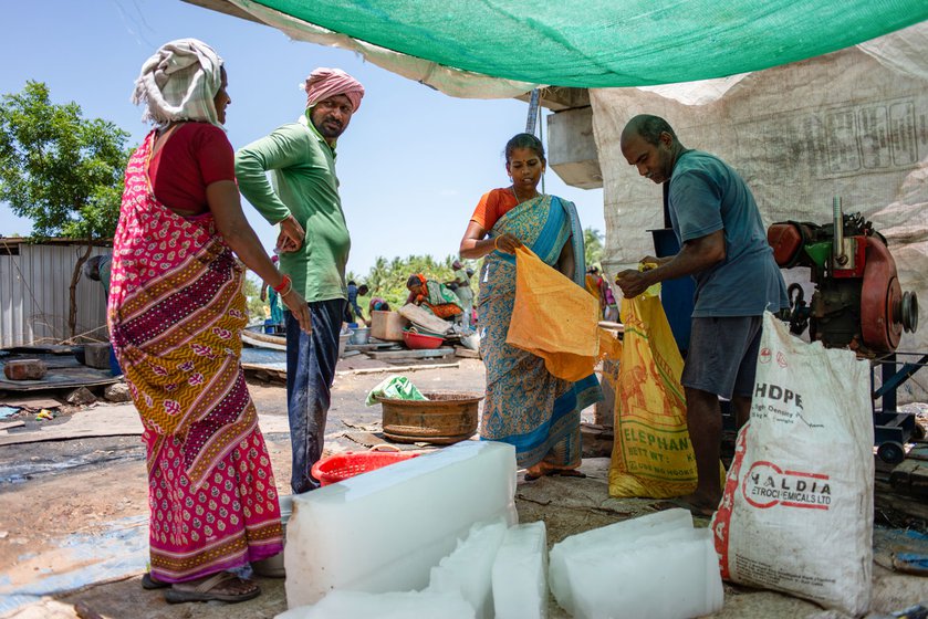 Left: They use a machine to crush them, and then put the crushed ice in a bag to sell.