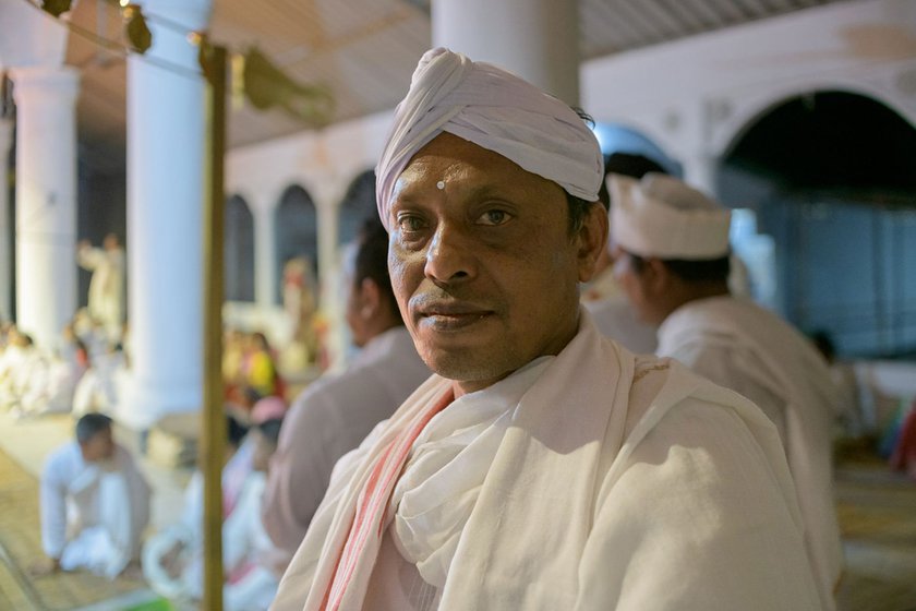 Dutta started learning gayan-bayan at the age of 13. Here, he performs as a gayan (singer) with the rest of the group in the namghar of the Garamur Saru Satra