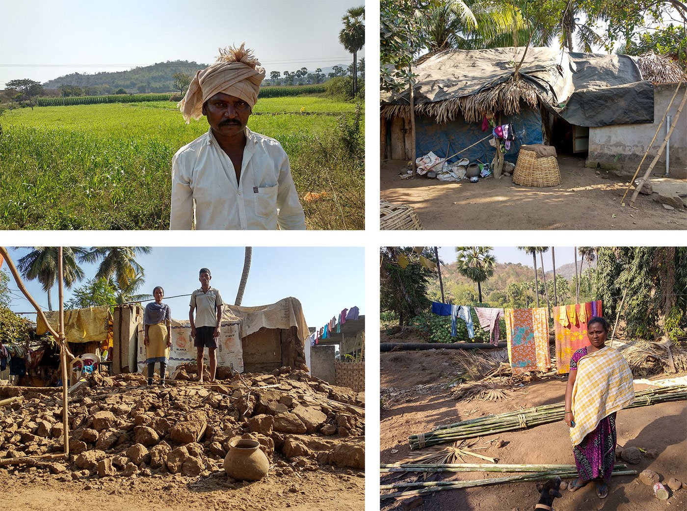 Tama Balaraju in front of his field which got whitewashed in October floods. He again started cultivating maize after the floods receded (top left).
Balaraju is living in this hut right now which he constructed after spending more than 45 days of cold winter nights right under the sky (top right). Mutyala Rao and his sister Prasanna Anjali stand on the top of the ruins of their house which got collapsed during the floods (bottom left).
Madakam Lakshmi in front of her demolished house. She is trying to build a new one but couldn’t manage to set aside money for the same. So, she is living on the top of the terrace of the adjacent building (bottom right)