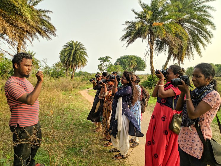 Fisherwomen in Nagapattinam (left) and Ganjam (right) during a photography class with Palani.