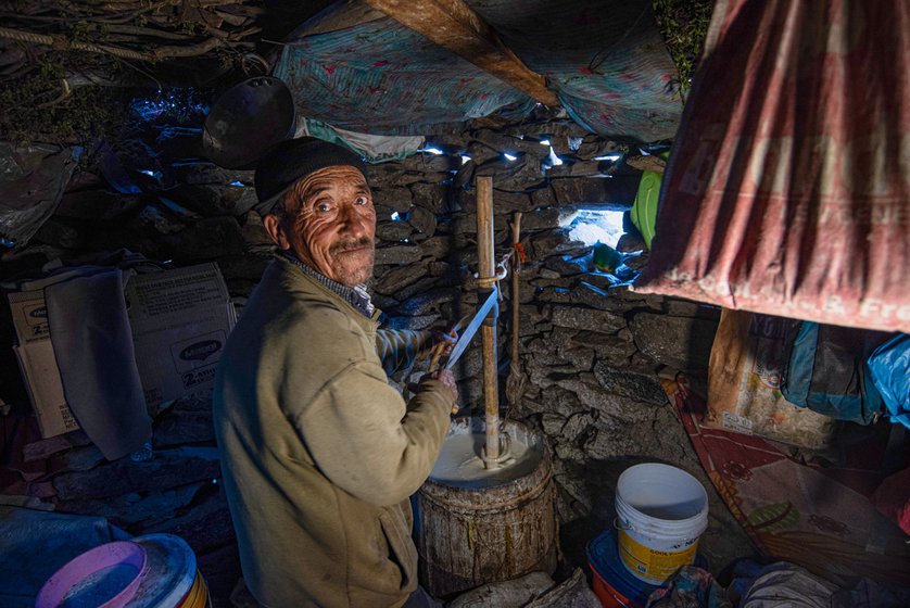 Tsering Angmo's husband, Sonam cooking the milk he collected the day before
