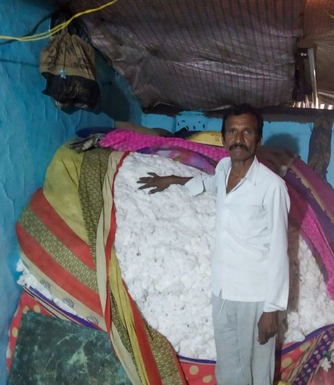 Vaibhav Wankhede's aunt, Varsha Wankhede (left); his uncle, Prakash Wankhede (centre); and his father, Ramesh Wankhede (right) are farmers with quintals of unsold cotton lying in their homes