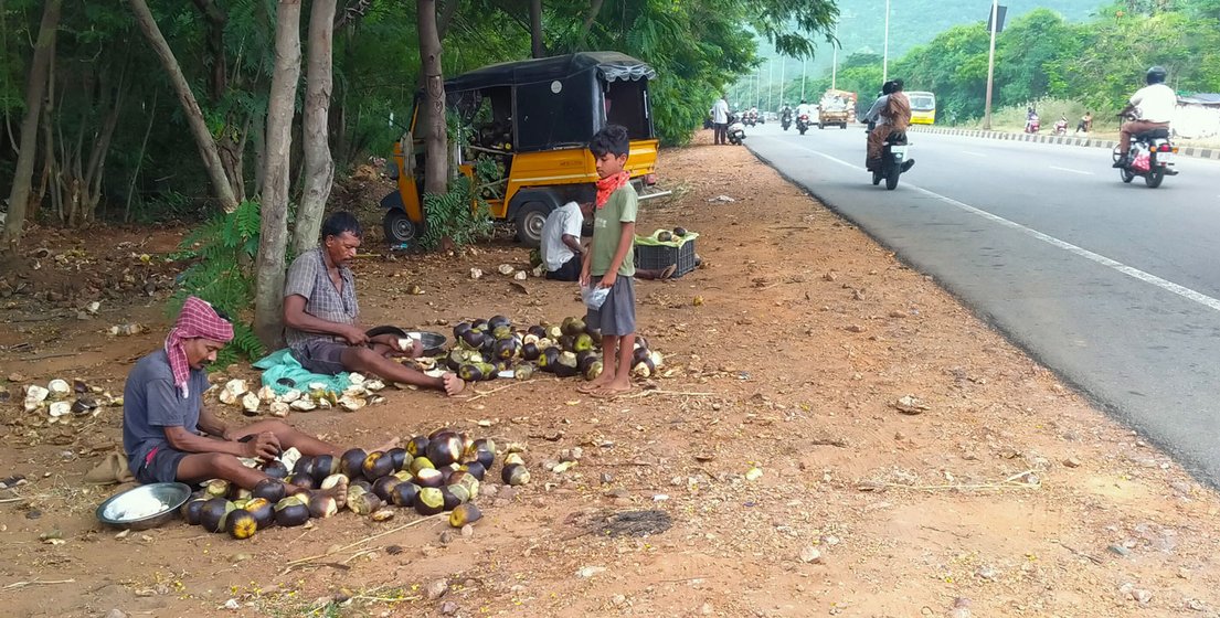 Left: N. Apparao, Guthala Raju and Gannemalla Surappadu,  sitting a couple of metres apart, as if following physical distancing norms. Right: 'We pooled in and brought this three years ago', Surappadu said. 'The bank keeps calling us, asking us to pay at least one month's instalment'

