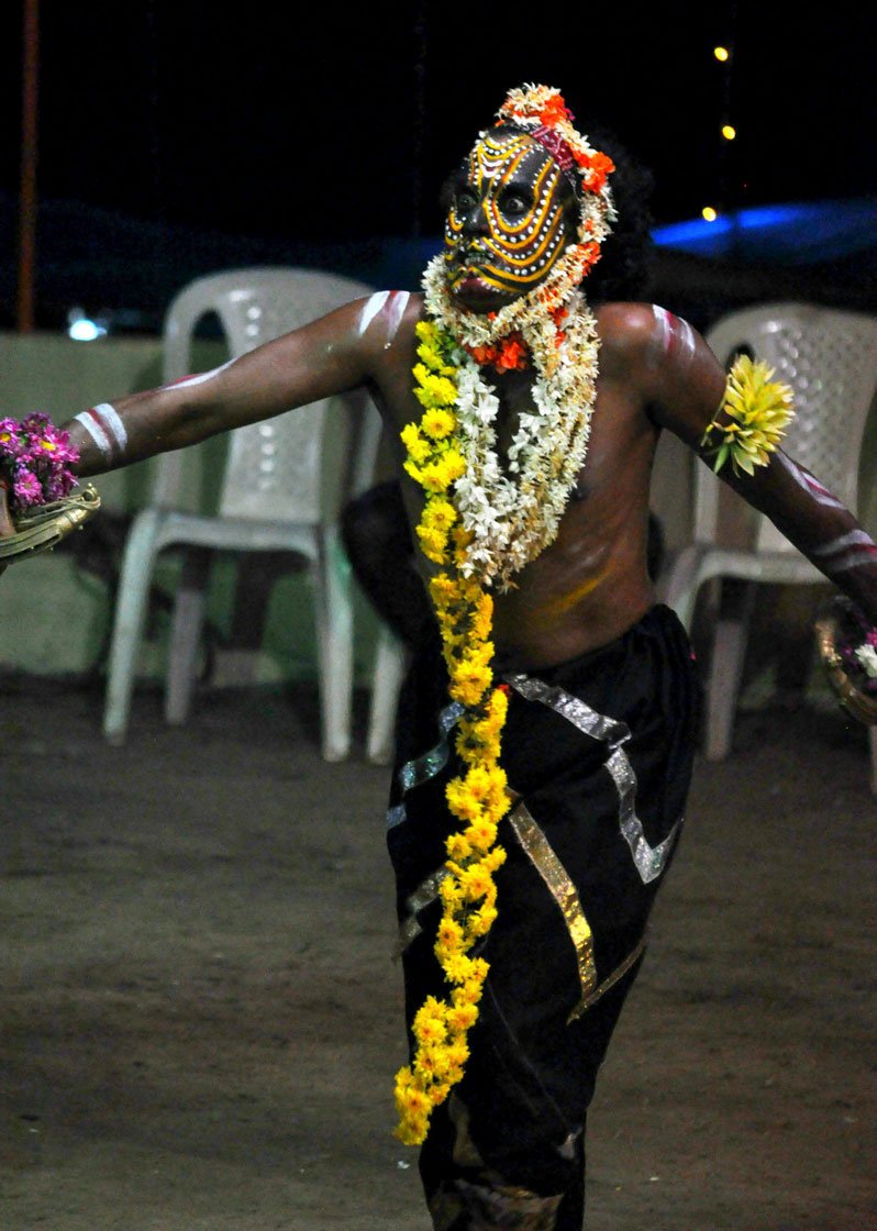 Various communities have their own bhuta or daiva, such as Kinnimani Daiva (left) and Rahu Guliga (right)