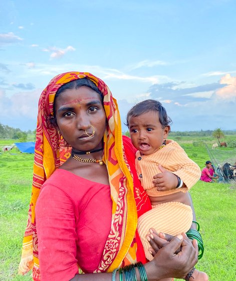 'We will take care of ourselves, but our sheep need fodder and water', says Zai Kokre (left and centre), with her aunt Jagan, her son (centre) and others from her family

