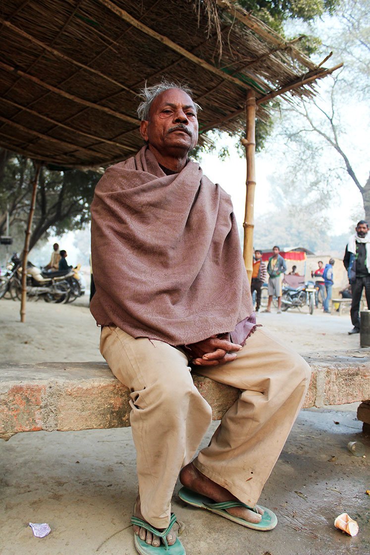 Ram Asrey Gautam (Dharmendra’s neighbour) at a tea shop in the village of Dharauta