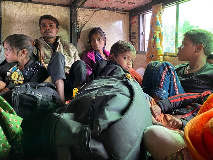 At the Timeda bus stand (left) in Kushalgarh, roughly 10-12 busses leave every day for Surat and big cities in Gujarat carrying labourers – either alone or with their families – looking for wage work