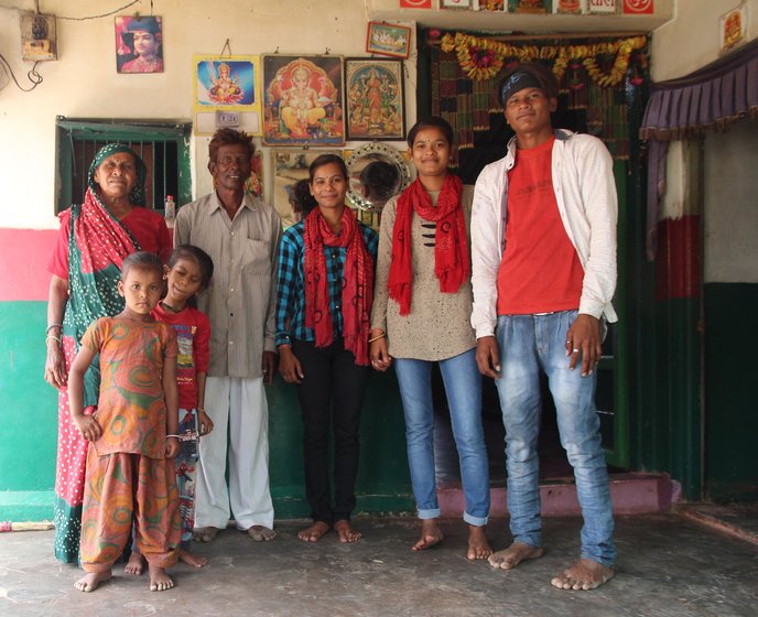 Left: Chandni with her parents and siblings at their home. She is the oldest of four sisters and two brothers. Right: Chandni and Asha with Asha's parents, brother, niece and a neighbour, at Asha's home