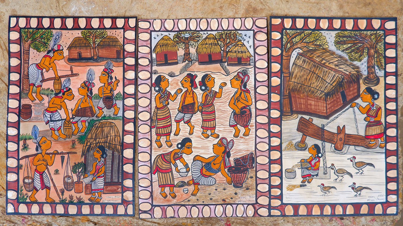 Paitkar paintings illustrating the Bandna Parv festival and related activities of Adivasi communities of Jharkhand