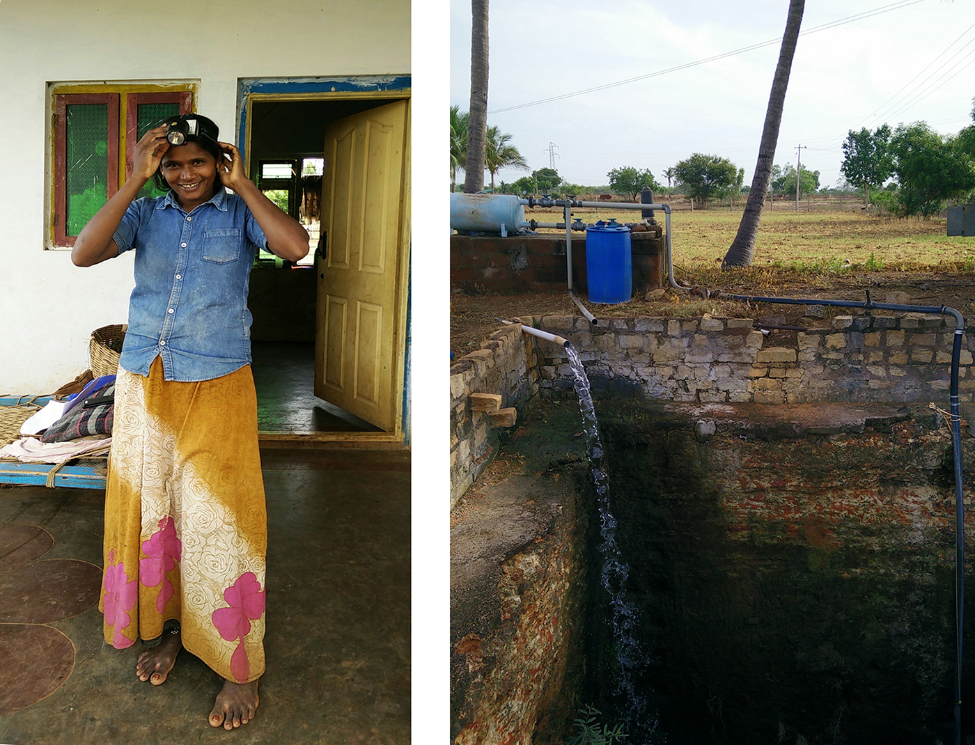 Chandra wearing a headlamp. Open dug well almost 20 feet in diameter