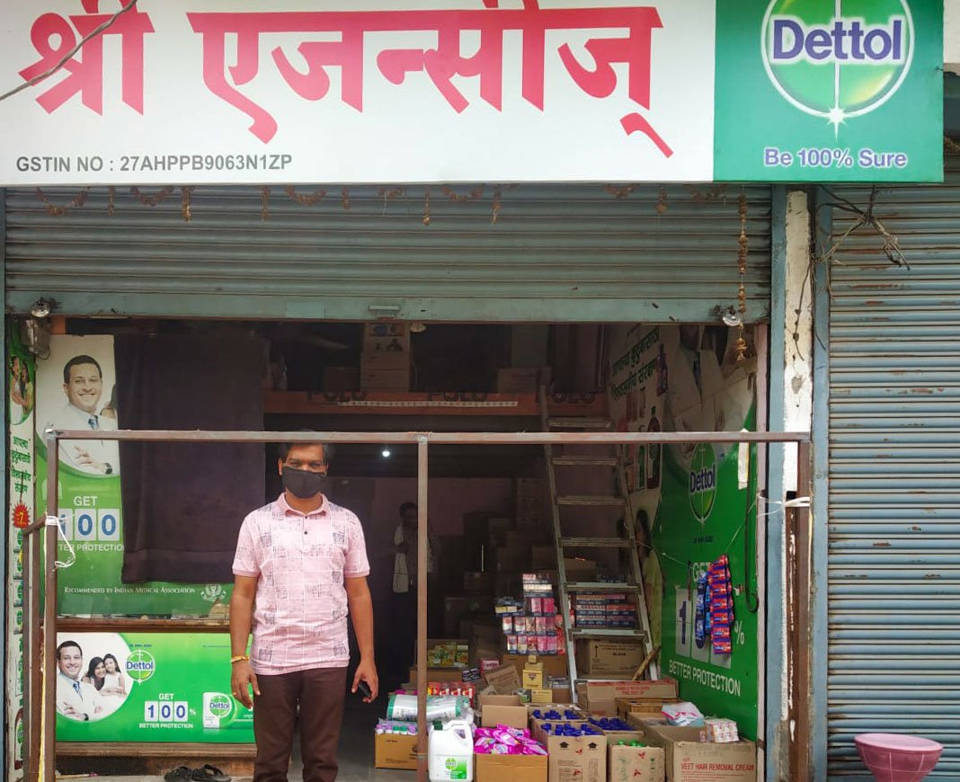 Tanuj Baheti outside his shop that sells Dettol. He has benefited from the lockdown – the demand for Dettol has never been higher