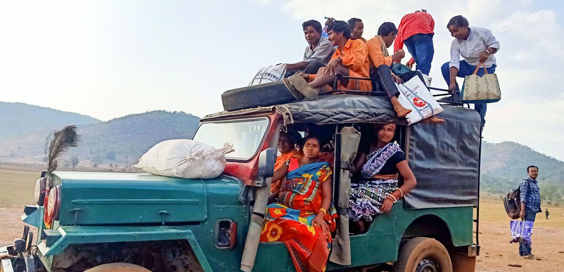 People of Tentapali returning from Chitrakonda after a two-hour water journey; this jeep then takes them a further six kilometres to their hamlet. It's a recent shared service; in the past, they would have to walk this distance