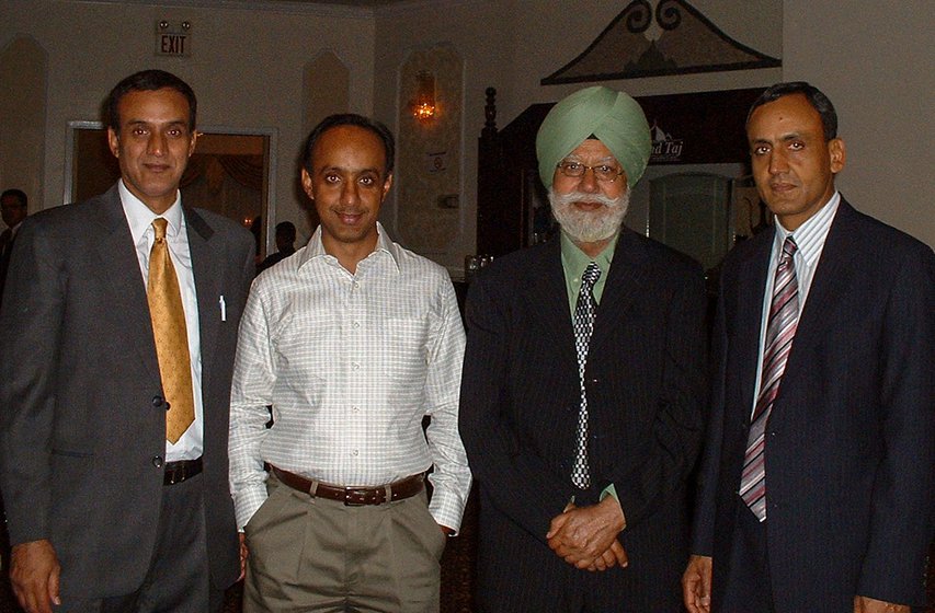 Left: Pannu with his sons, roughly 20 years ago. The elder son (striped tie), Narwantpal Singh Pannu is an electrical engineer; Rajwantpal Singh Pannu (yellow tie), is the second son and a computer programmer; Harwantpal Singh Pannu, is the youngest and also a computer engineer.