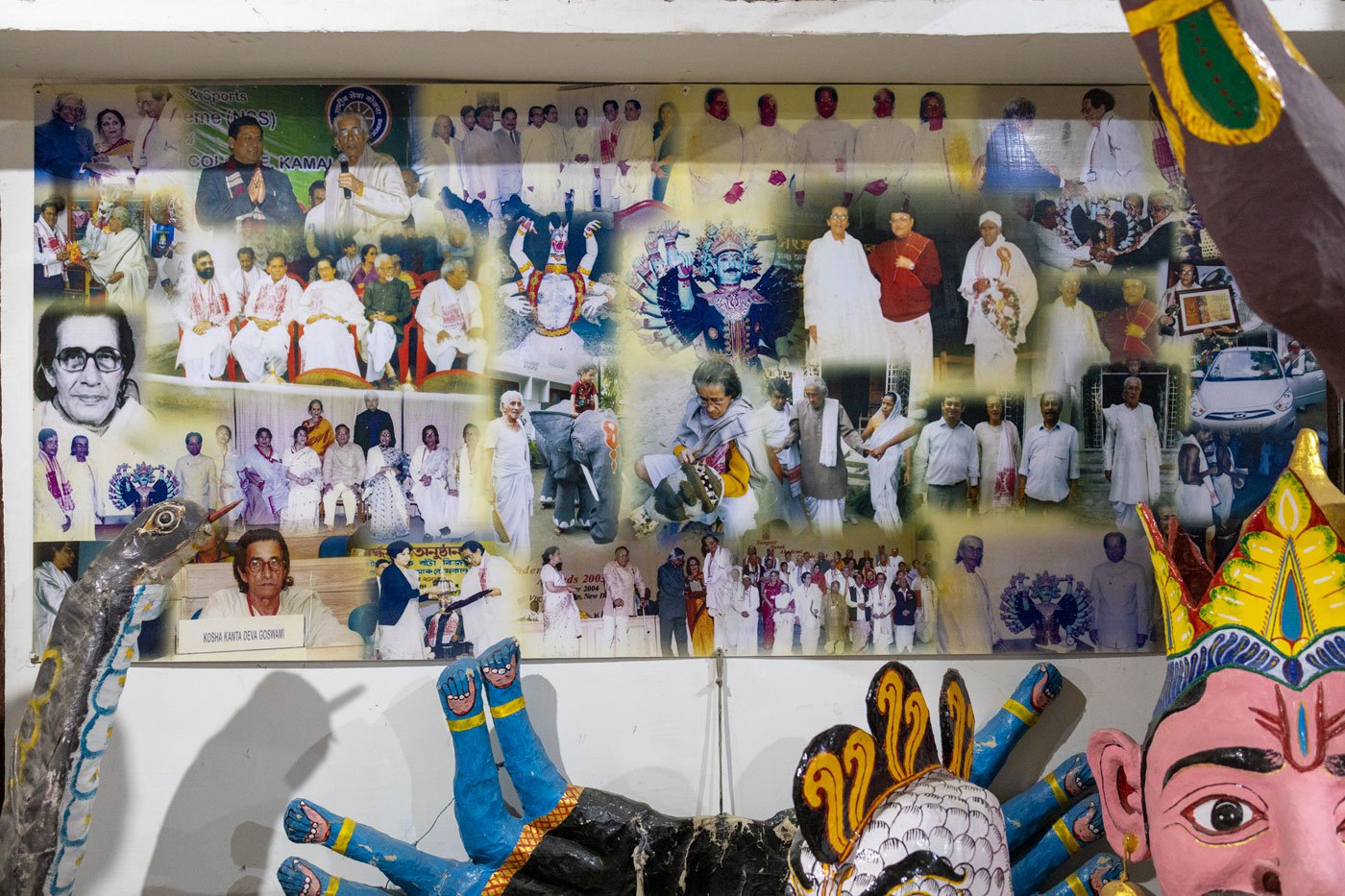 Left: Photos of Dhiren Goswami’s late father, Kosha Kanta Deva Gosawami, who won the prestigious Sangeet Natak Akademi Award for his contribution to this art form.