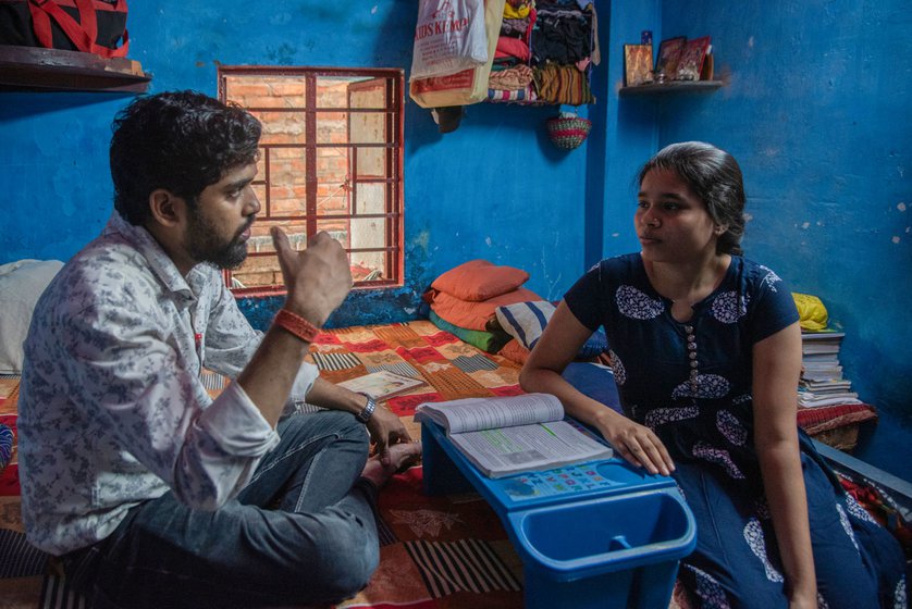 Rakhi Sharma (left) battled tuberculosis three times but is determined to return to complete her studies. A mother fixes a leg guard for her son (right) who developed an ulcer on his leg because of bone TB