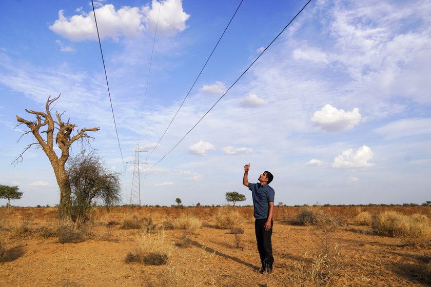 Left: Radheshyam pointing at the high tension wires near Dholiya that caused the death of a GIB in 2019.