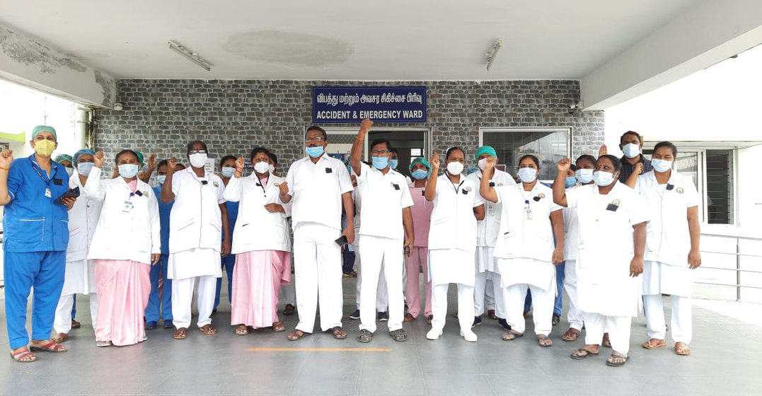 Nurses protesting at the Kallakurichi hospital (left) and Kanchipuram hospital (right); their demands include better salaries