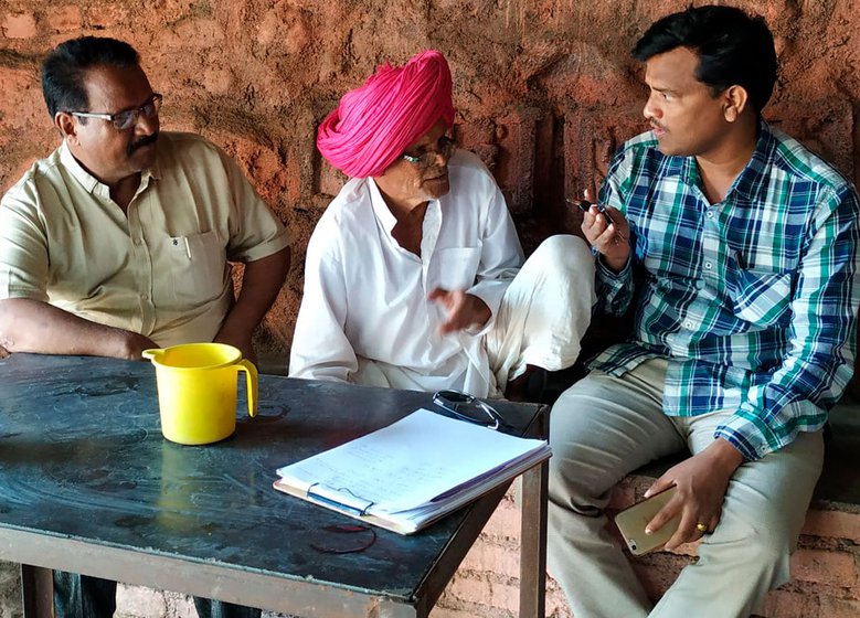 Left: Ashok Tangde and Tatwashil Kamble (right) with a retired migrant worker (centre). Right: Kamble talking to students about child marriage