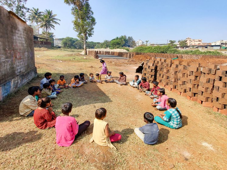 Avani's day-care school in Jadhavwadi brick kiln and (right) inside their centre where children learn and play