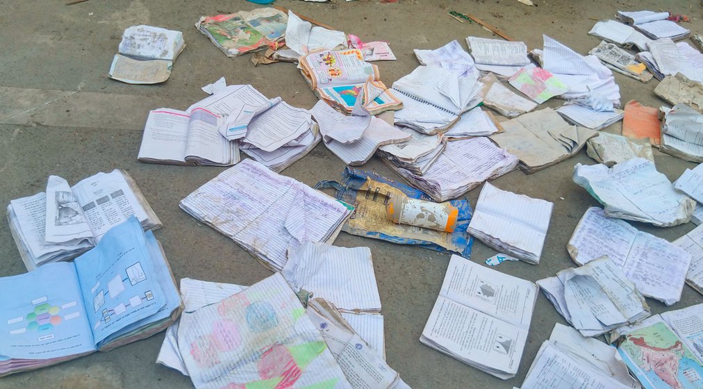 Most children lost their books (left) and important school papers in the Yamuna flood. This will be an added cost as families try to rebuild their lives. The solar panels (right) cost around Rs. 6,000 and nearly every flood-affected family has had to purchase them if they want to light a bulb at night or charge their phones