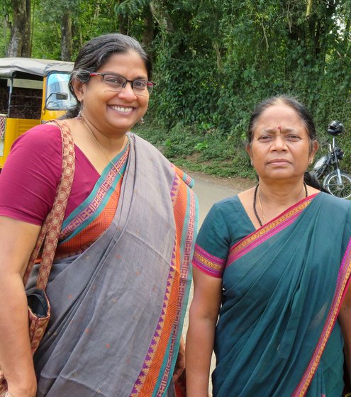 Left: Veena Sunil, a mental health counsellor of Ashwini (left) with Janaki, a health animator. Right: Jiji Elamana and T. R. Jaanu (in foreground) at the Ayyankoli area centre, 'Girls in the villages approach us for reproductive health advice,' says Jaanu

