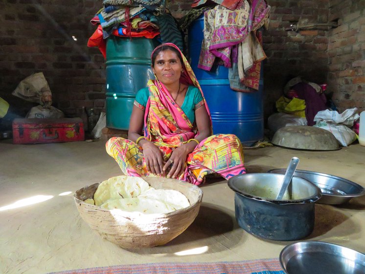 Left: Maria Paaru has been migrating annually with her husband Paaru Damor since they married 15 years ago. Maria and Paaru with their family at home (right) in Dungra Chhota, Banswara district