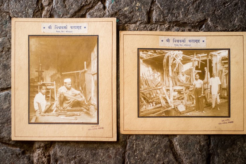 The pictures hung on the walls of Bapu's workshop date back to the 1950s when the Sutar family had a thriving handloom making business. Bapu is seen wearing a Nehru cap in both the photos