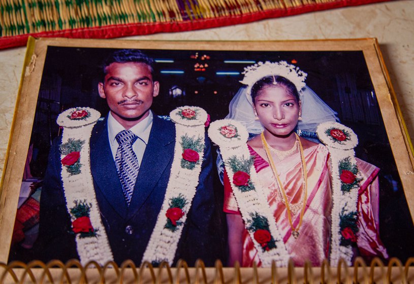 Photos from the wedding album of Saranya and Muthu. The bride Saranya (right) is all smiles