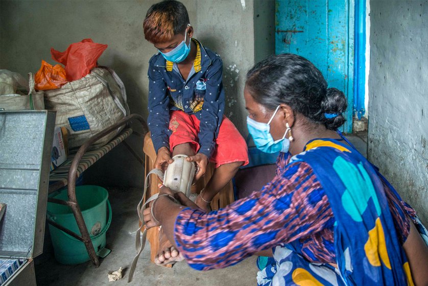 Rakhi Sharma (left) battled tuberculosis three times but is determined to return to complete her studies. A mother fixes a leg guard for her son (right) who developed an ulcer on his leg because of bone TB