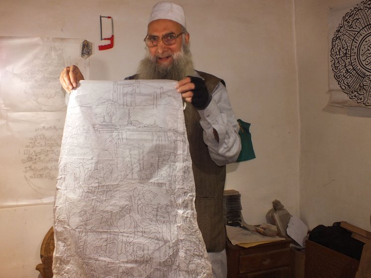On the right, he shows his drawing of the Hari Parbat Fort, built in the 18th century, and Makhdoom Sahib shrine on the west of Dal Lake in Srinagar city