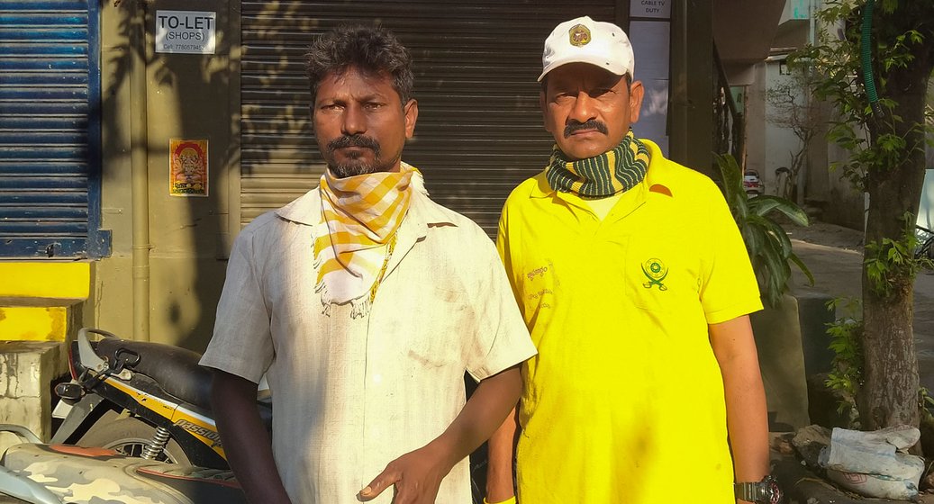 Left: Chinthapalle Thatharao, Tarun and Sathya (l-r) at their home in Chengal Rao Peta. Right: Chinthapalle Thatharao and Kurmana Apparao (l-r)

