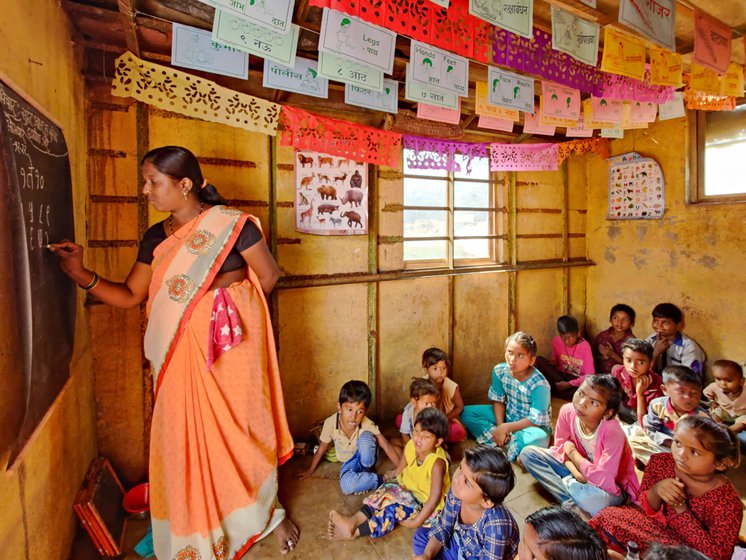 Avani's day-care school in Jadhavwadi brick kiln and (right) inside their centre where children learn and play