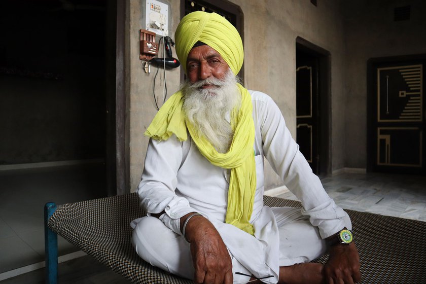 Right: Gurbakt Singh is an activist of the Bhartiya Kisan Union (Ekta-Ugrahan). At his home in Bhaliana