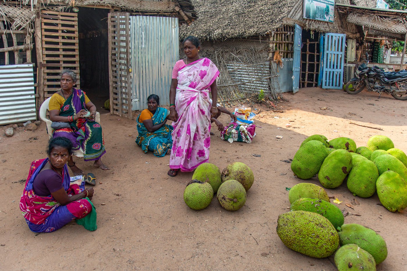 Lakshmi (on the chair) with a few women jackfruit sellers at a mandi ; she has been a jackfruit trader since 30 years
