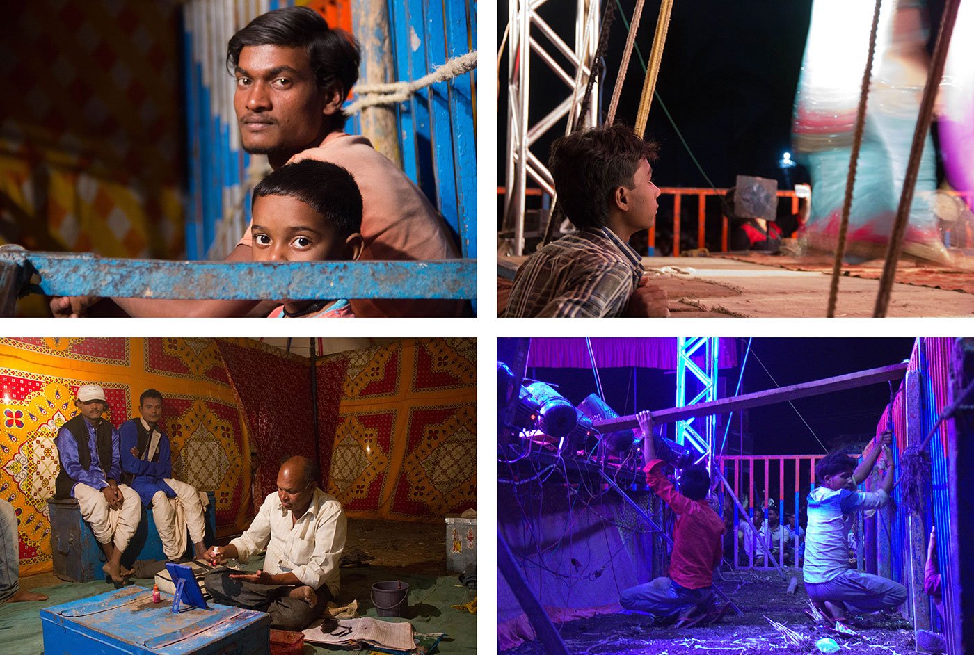 Top left-Labourer Shreeram Paswan watches the tamasha on 11 May 2017 in Gogolwadi village in Pune district in Maharashtra. He is a part of the group of 30 men from Aumau village, Lucknow district, UP. 

Top right-Wireman Suraj Kumar watches the tamasha on 11 May 2017 in Gogolwadi village in Pune district in Maharashtra. 

Bottom left- Some labourers like Anil Pawra (extreme left) also double up as backup singers and dancers in the tamasha. Photo shot on 15 May 2017 in Savlaj village, Sangli district in Maharashtra. 

Bottom right- Labourers hold on to the plank that for a dancer’s performance during the tamasha on 3 May 2018 in Savindne village in Pune district, in western Maharashtra