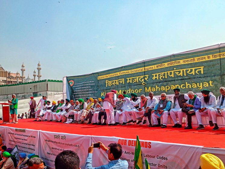There were over 25 leaders of the Samyukta Kisan Morcha (SKM) and allied organisations on stage; Medha Patkar was present among the three women leaders there. Each spoke for 5 to 10 minutes on the need for a legal guarantee for MSP, as well as other demands. 'After January 22, 2021, the government has not talked to farmer organisations. When there haven’t been any talks, how will the issues be resolved?' asked Rakesh Tikait, SKM leader (right)