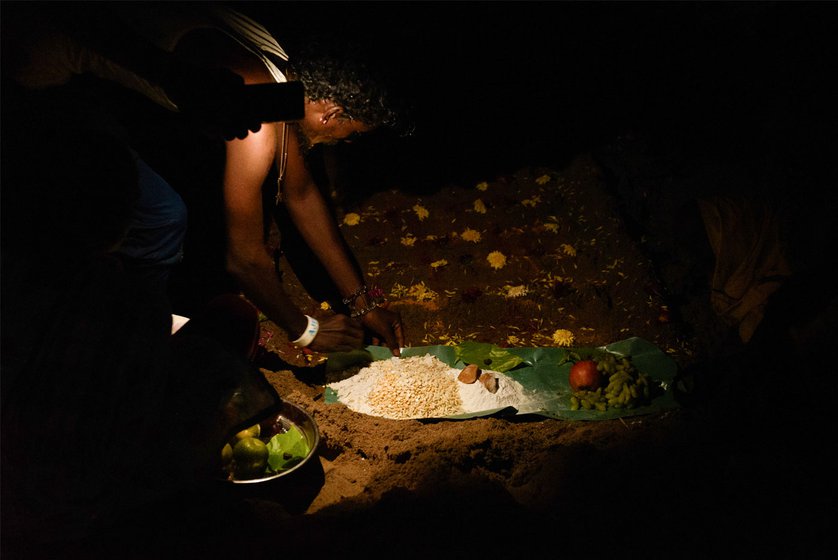'Our elders say that amma gets angry and goes away to the sea,' says V. Saroja, Jayaram’s maternal grandmother, 'then we have to pray for her to return.' On the beach, building seven steps in the sand, they place their offering to the goddess Kanniamma, which includes flowers, coconuts, betel leaves, puffed rice and rice flour sweetened with jaggery