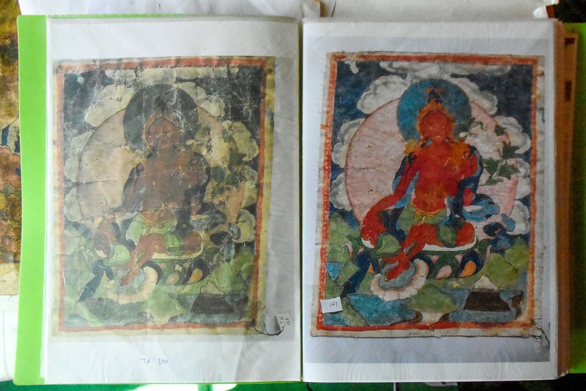 Left: Before and after pictures of a restored Thangka.