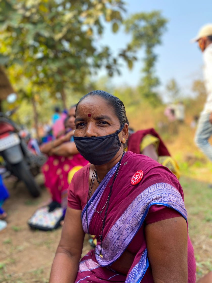 Left: Gulab Dongarkar, an agricultural labourer from Kanchad village: We have been sitting here since 10 a.m. It’s been very hard for us to get work during Covid. We want the government to give us at least 10 kilos of rations [instead of five, which too many did cannot access]'. Right: Janki Kangra  and her 11-member family cultivate rice, jowar, bajra and millets on three acres, while battling, she said, the forest department's strictures

