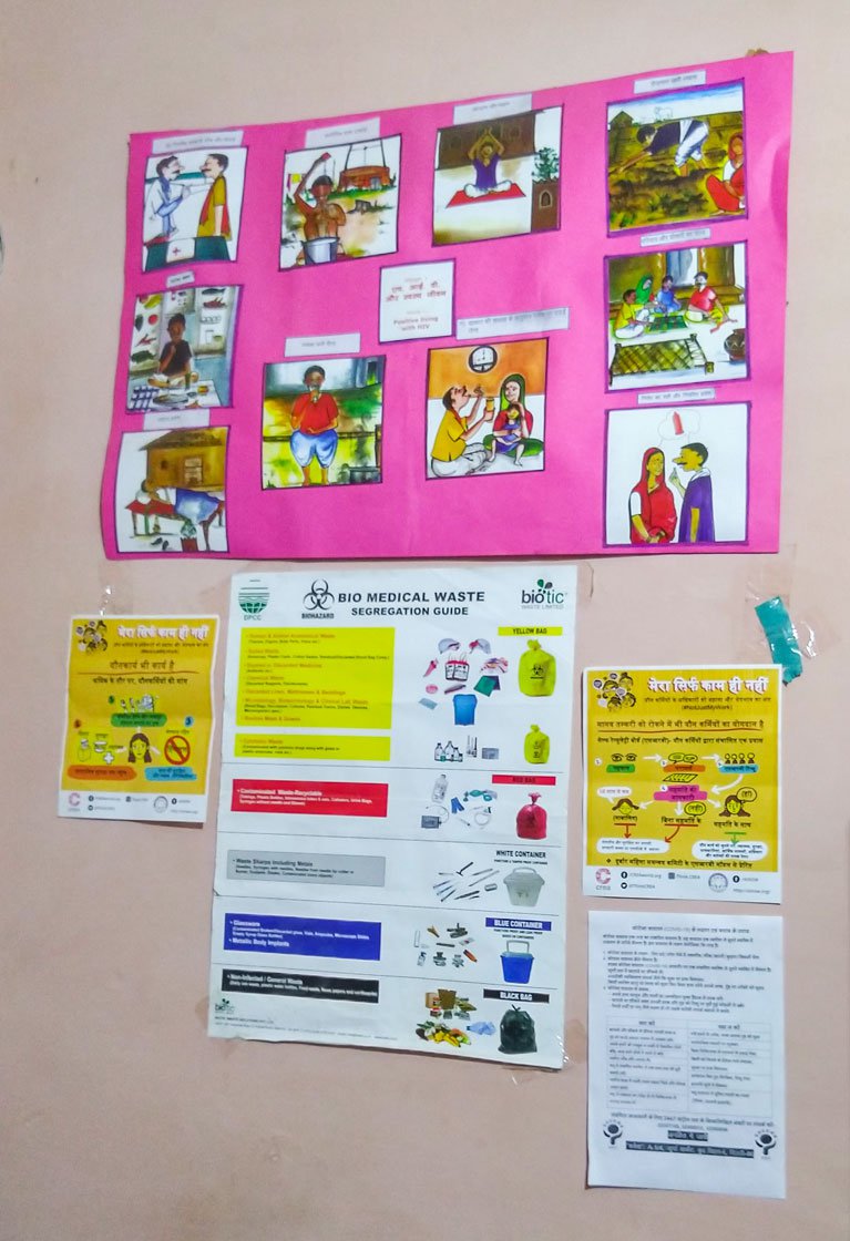 At the NGO office, posters and charts provide information to the women. Condoms are also distributed there