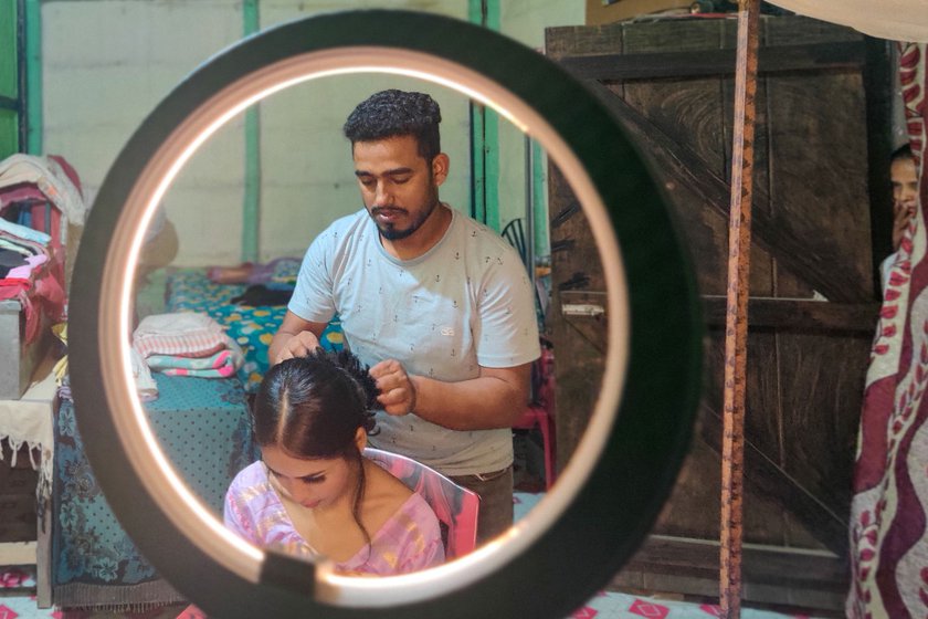 Mukta developed an interest in makeup when he was around nine years old. Today, as one of just 2-3 male makeup artists in Majuli, he has a loyal customer base that includes Rumi