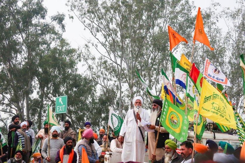 Left: Baba Labh Singh, who lost his cousin brother in the 2020-21 agitation addresses farmers at Shambu.