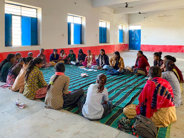 Left: Menka, also from Aajeevika (in the centre) holding a afternoon workshop with a group of young girls, discussing their futures and more.