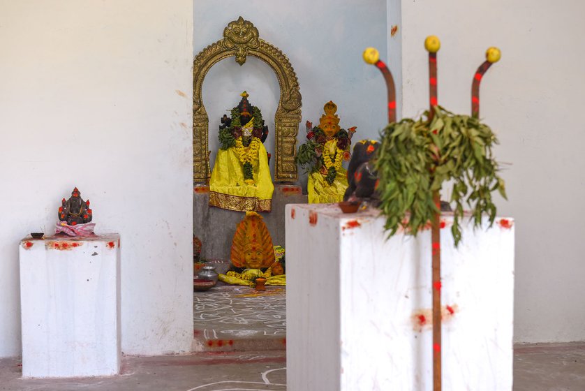 Left: The mud idol from the original temple next to the stone one, which was consecrated by a Brahmin priest in the new temple building.