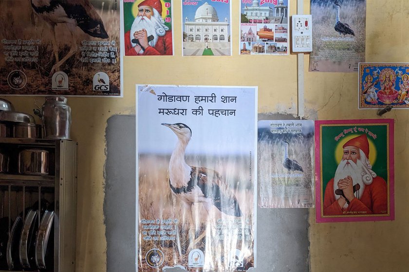 Left: Posters of the godawan (bustard) are pasted alongwith those of gods in a Bishnoi home.