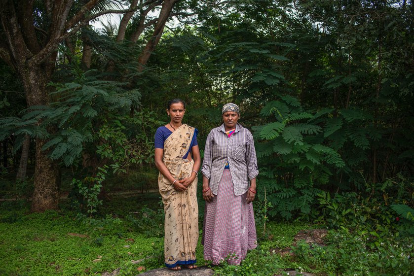 Manjula (left) and Vinodhamma from Ganganahalli say they lose much of their ragi to unseasonal rain and elephants