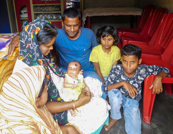 Left: Anarul and others in his village discussing ever-present border issues. Right: With his family celebrating the birth of his granddaughter