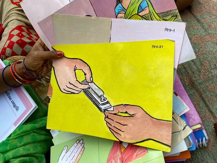 Many young women who are pregnant learn about childbirth from display cards such as these. But 19-year-old Manisha Kumari of Agatola village says she doesn’t have much information about contraception, and is relying mostly on fate to defer another pregnancy